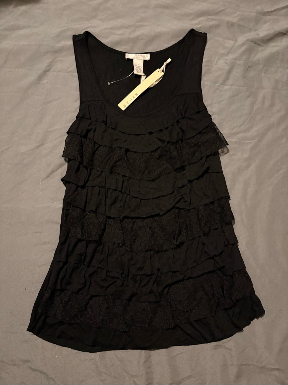 NWT KENAR Small Sleeveless Layered Ruffled Y2K Lace Tank Top In Black